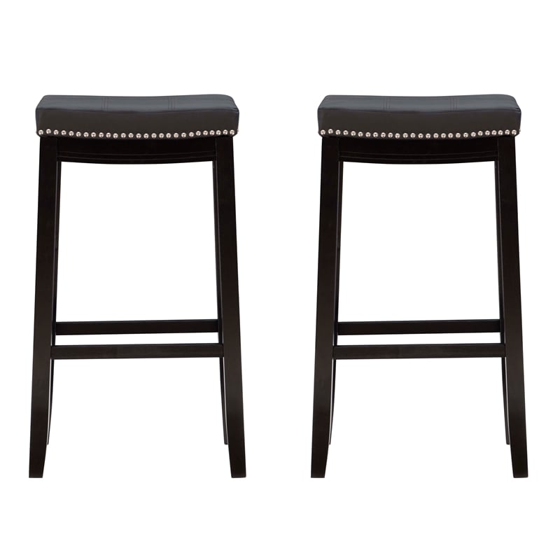Pemberly Row Wood Set of Two Bar Stools Faux Leather Seats in Black