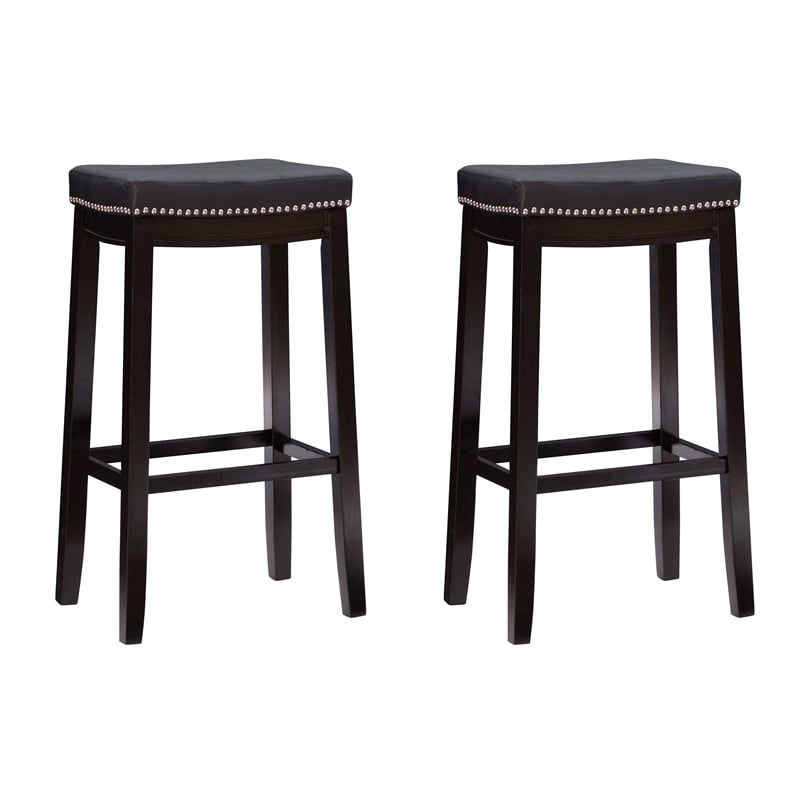 Pemberly Row Wood Set of Two Bar Stools Faux Leather Seats in Black