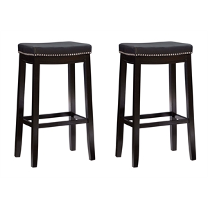 Pemberly Row Wood Set of Two Bar Stools Faux Leather Seats in Black
