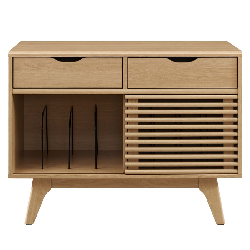 Pemberly Row Wood & Vinyl Record Display Stand with 2 Drawers in Oak