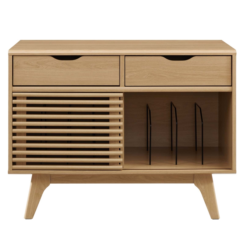 Pemberly Row Wood & Vinyl Record Display Stand with 2 Drawers in Oak