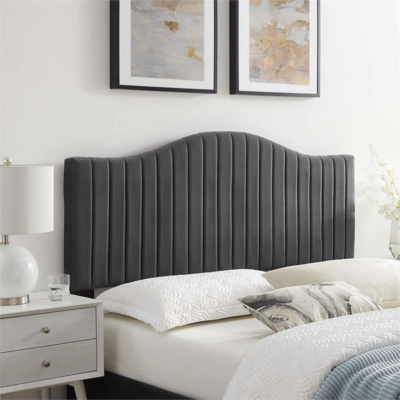 Pemberly Row Channel Tufted Performance Velvet Twin Headboard in Charcoal
