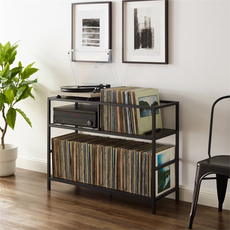 Pemberly Row Modern Wood Record Storage Console in Black/Brown