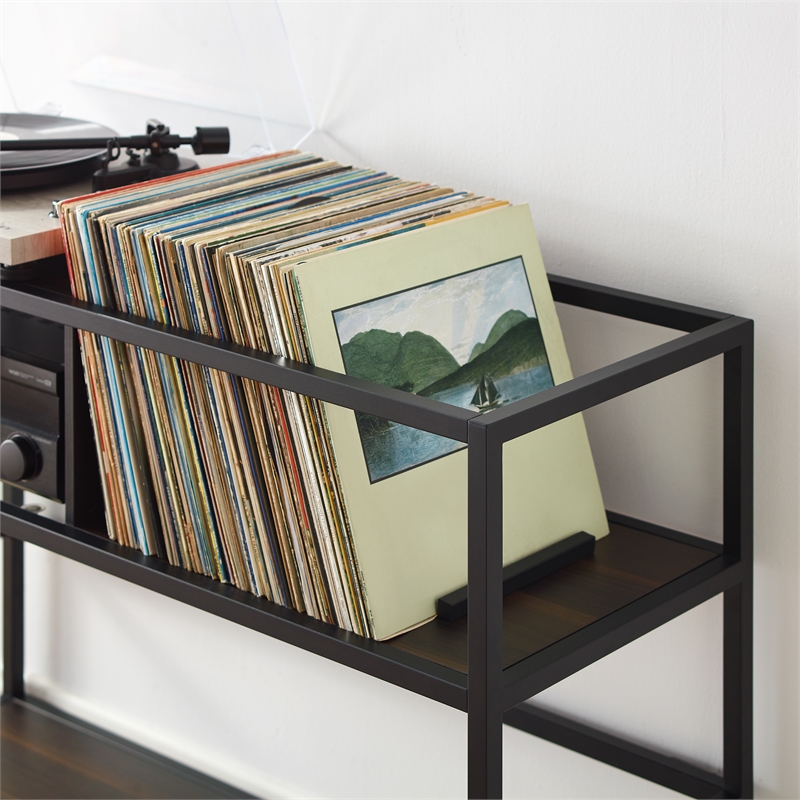Pemberly Row Modern Wood Record Storage Console in Black/Brown