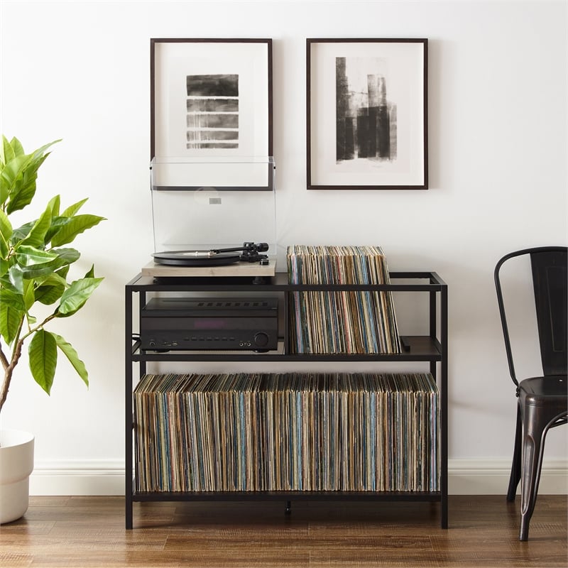 Pemberly Row Modern Wood Record Storage Console in Black/Brown