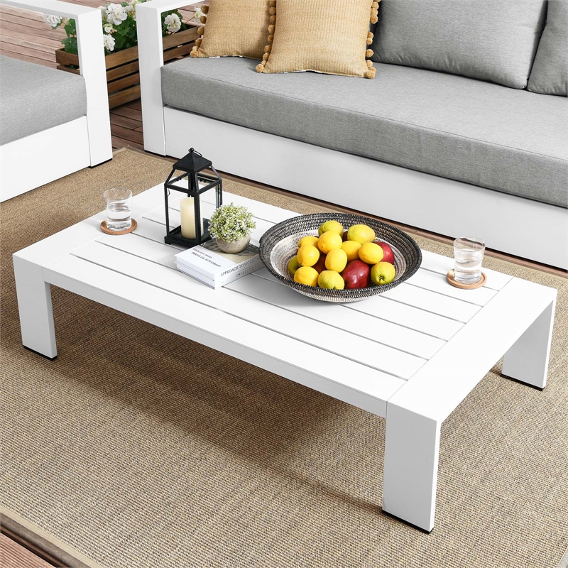 Pemberly Row Modern Powder-Coated Aluminum Outdoor Patio Coffee Table in White