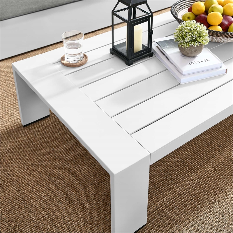Pemberly Row Modern Powder-Coated Aluminum Outdoor Patio Coffee Table in White
