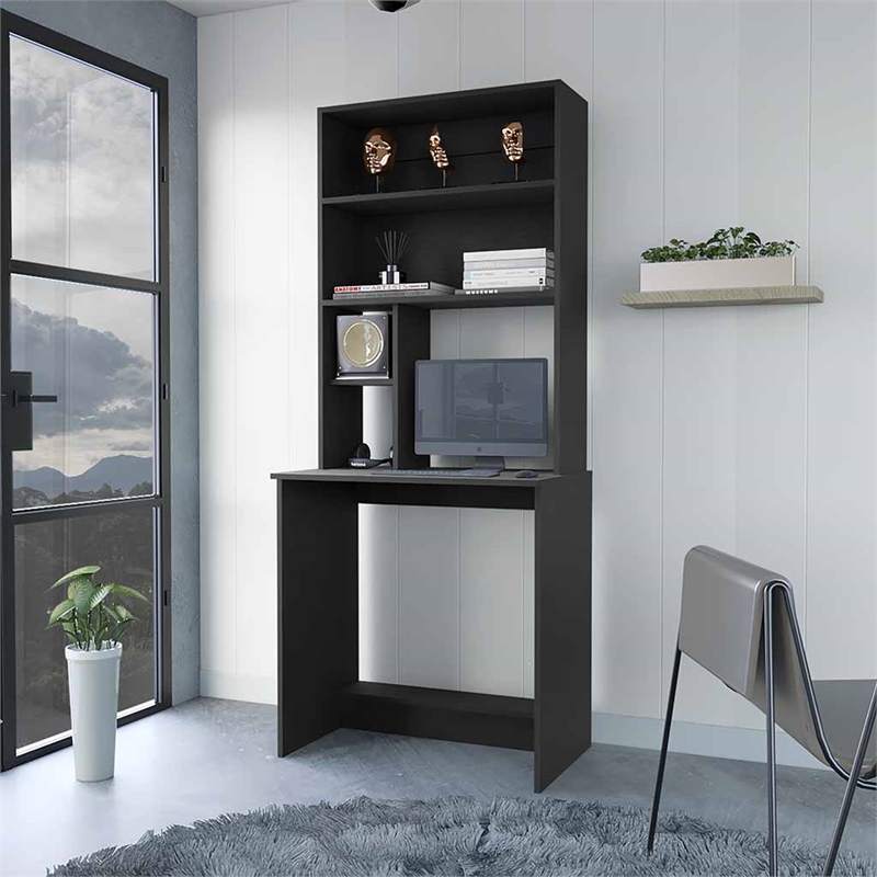 Pemberly Row Modern Computer desk with Hutch Engineered Wood Black