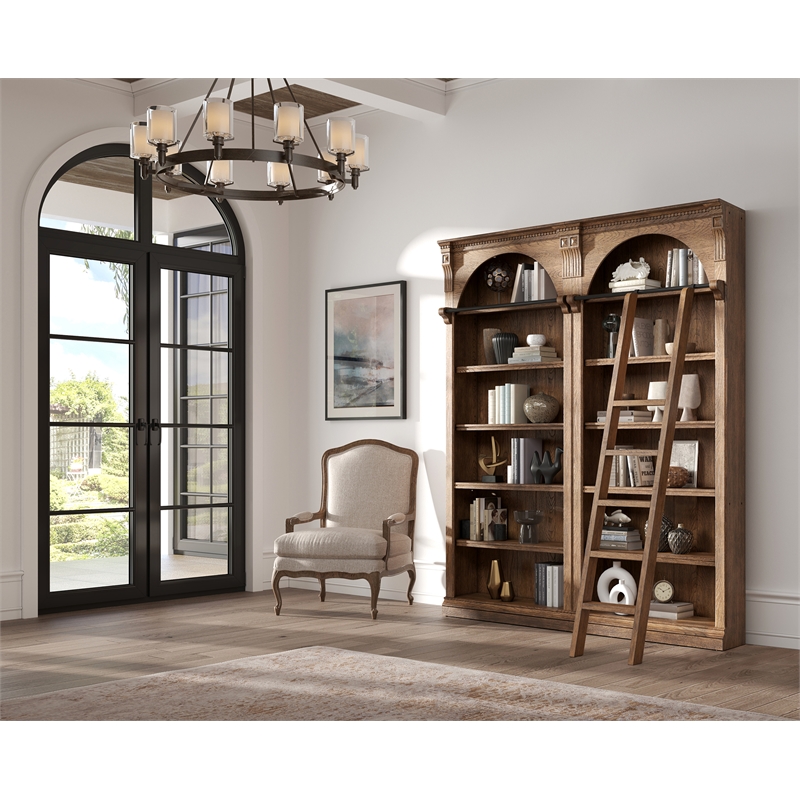 Pemberly Row 8' Tall Wood Bookcase Wall With Ladder Office Storage Brown