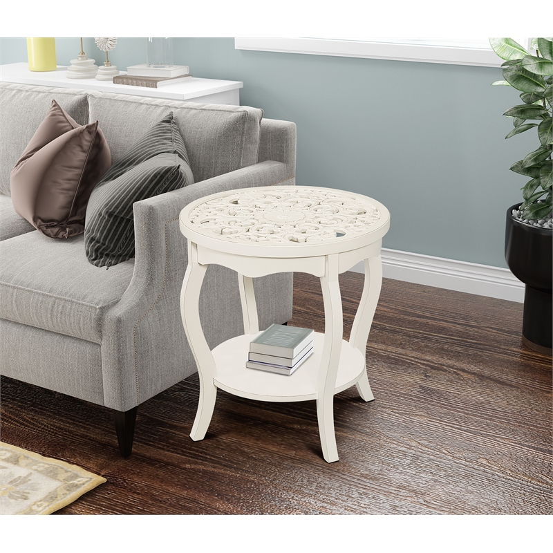 Pemberly Row Antiqued Carved Transitional Wood/Glass Side Table in White