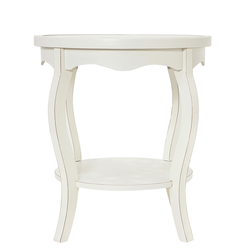 Pemberly Row Antiqued Carved Transitional Wood/Glass Side Table in White
