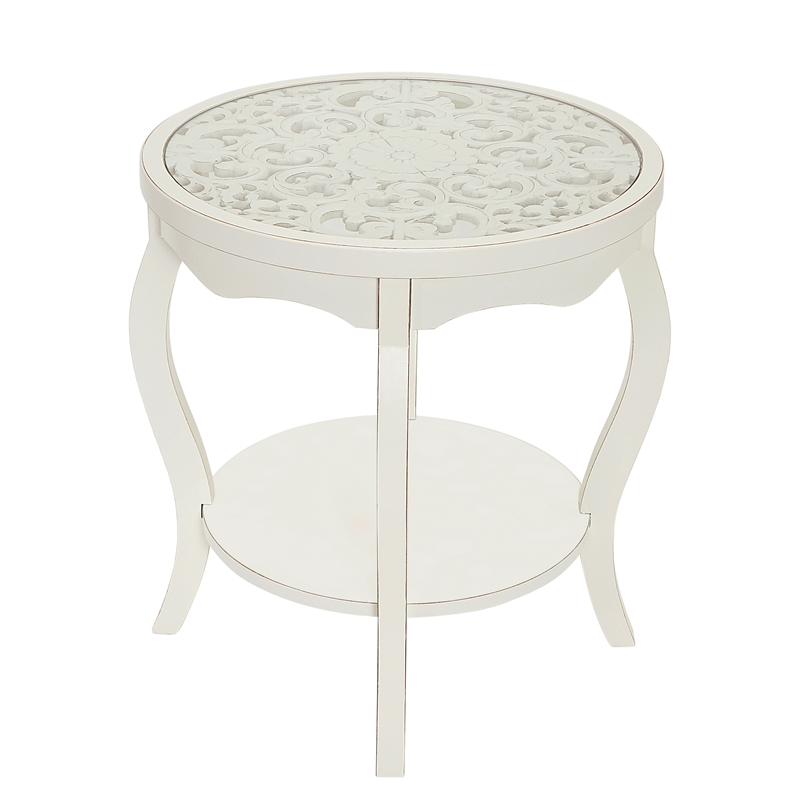 Pemberly Row Antiqued Carved Transitional Wood/Glass Side Table in White