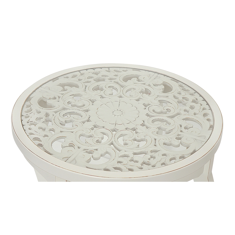 Pemberly Row Antiqued Carved Transitional Wood/Glass Side Table in White