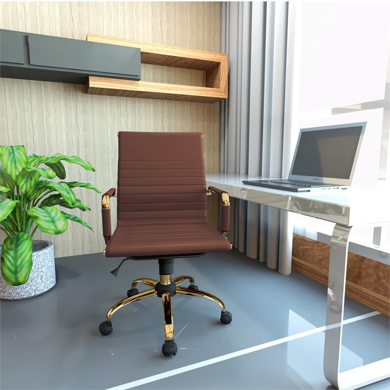 Pemberly Row Leather Office Chair with Gold Frame Dark Brown