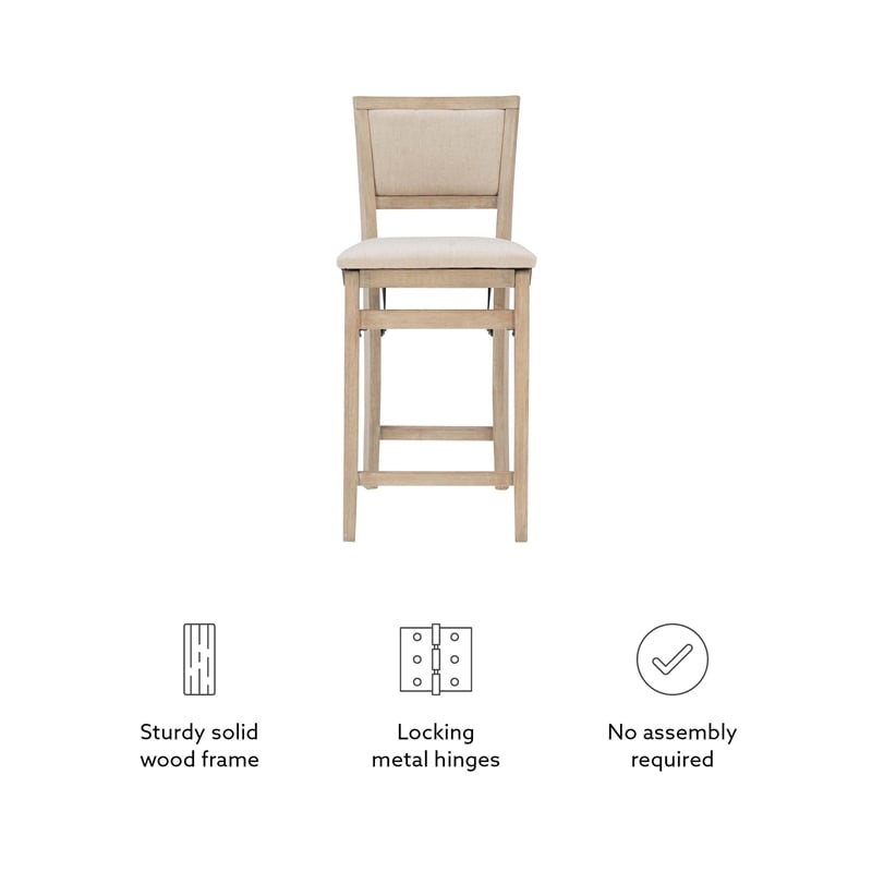 Pemberly Row Folding Counter Stool Fabric Padded Back & Seat in Graywash Wood