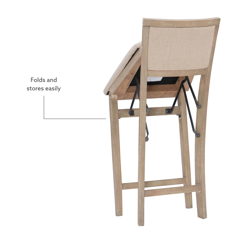 Pemberly Row Folding Counter Stool Fabric Padded Back & Seat in Graywash Wood