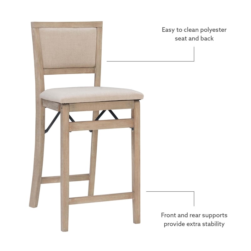 Pemberly Row Folding Counter Stool Fabric Padded Back & Seat in Graywash Wood