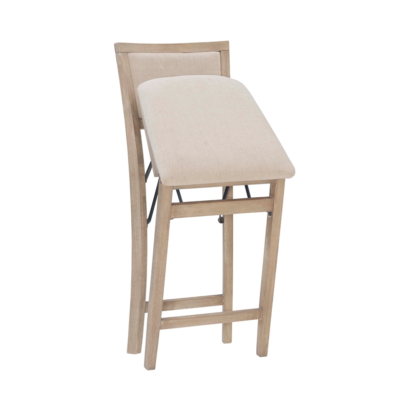 Pemberly Row Folding Counter Stool Fabric Padded Back & Seat in Graywash Wood