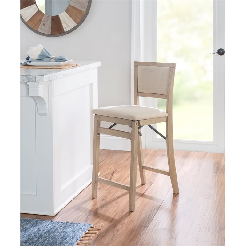 Pemberly Row Folding Counter Stool Fabric Padded Back & Seat in Graywash Wood