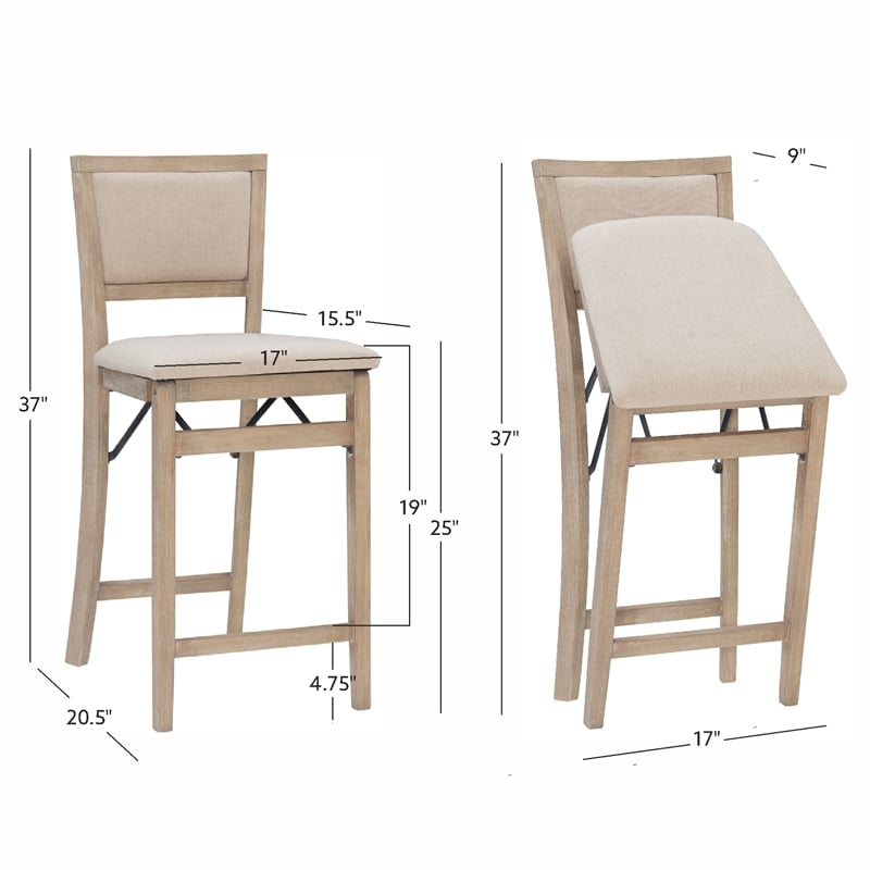 Pemberly Row Folding Counter Stool Fabric Padded Back & Seat in Graywash Wood