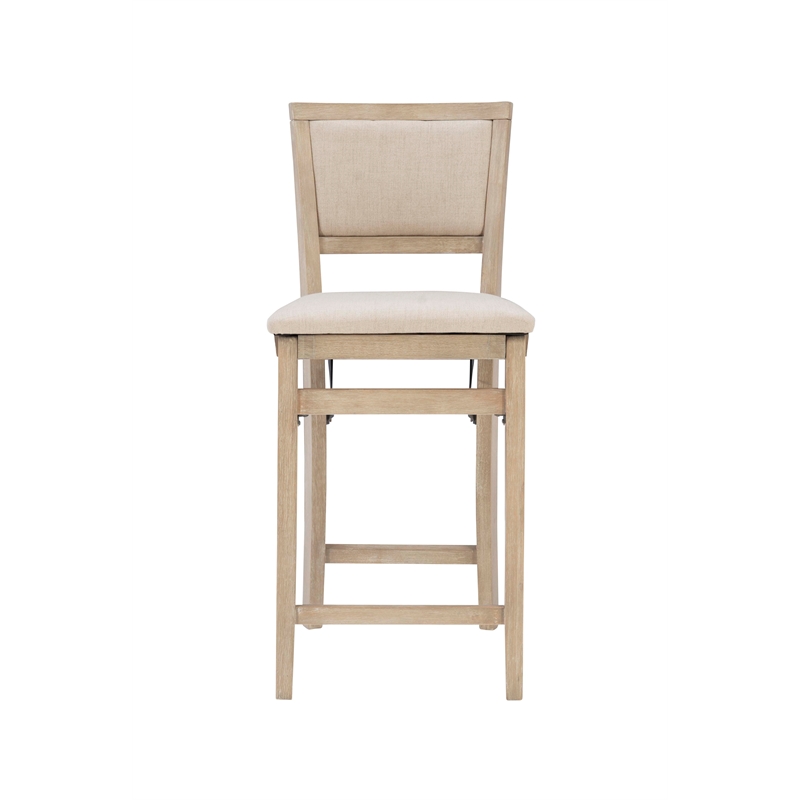 Pemberly Row Folding Counter Stool Fabric Padded Back & Seat in Graywash Wood