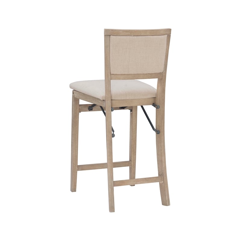 Pemberly Row Folding Counter Stool Fabric Padded Back & Seat in Graywash Wood