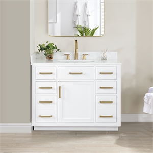 Pemberly Row 42&quot Wood Vanity in White with Composite Stone Top no Mirror