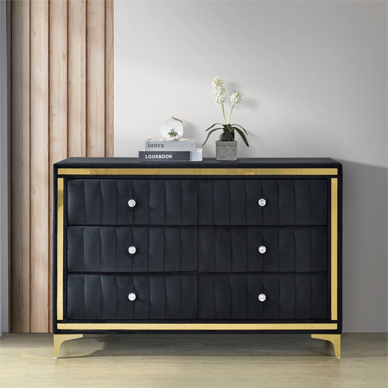 Pemberly Row Velvet 6 Drawer Dresser with Gold Legs in Black