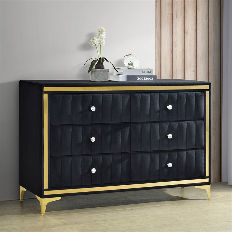 Pemberly Row Velvet 6 Drawer Dresser with Gold Legs in Black