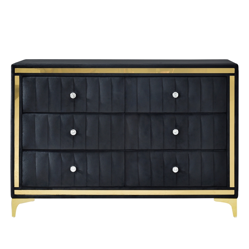 Pemberly Row Velvet 6 Drawer Dresser with Gold Legs in Black