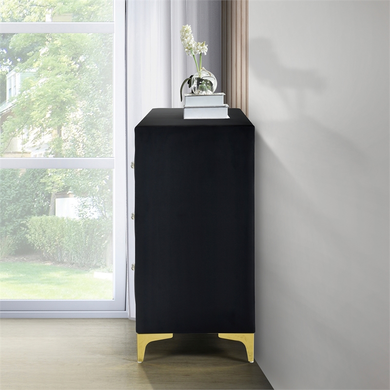 Pemberly Row Velvet 6 Drawer Dresser with Gold Legs in Black