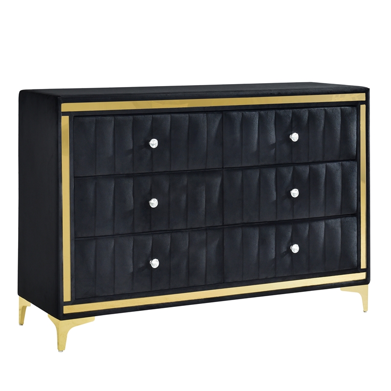 Pemberly Row Velvet 6 Drawer Dresser with Gold Legs in Black