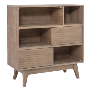 Pemberly Row Bookcase 3 Open Shelves 2 Sliding Door Panels in Natural