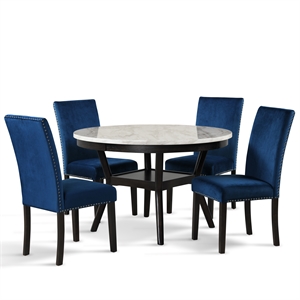 Pemberly Row 5-Pc Faux Marble/Wood Dining Set with 4 Chair-Blue