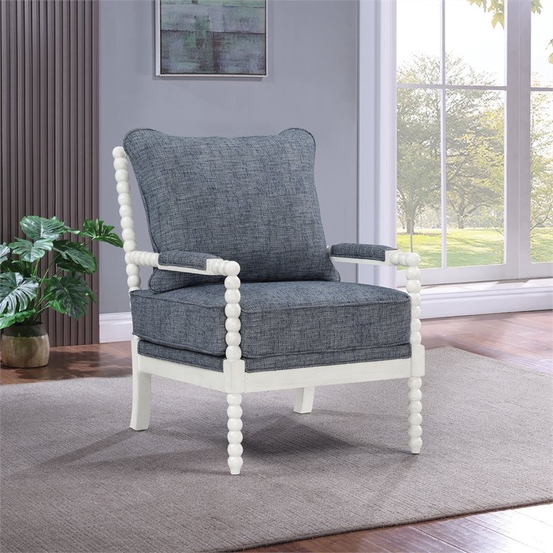 Pemberly Row Spindle Chair in Indigo Fabric with Antique White Frame