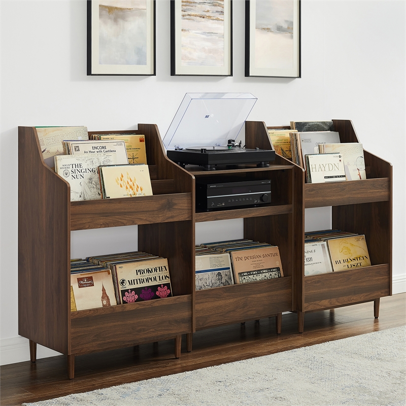 Pemberly Row 3-Piece Wood Record Player Stand And Storage Set - Walnut