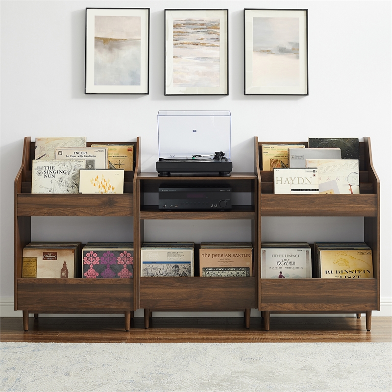 Pemberly Row 3-Piece Wood Record Player Stand And Storage Set - Walnut