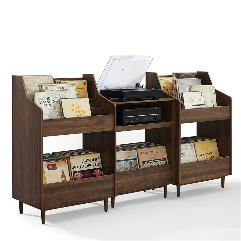 Pemberly Row 3-Piece Wood Record Player Stand And Storage Set - Walnut