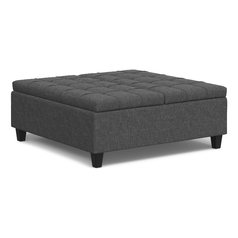 Pemberly Row Square Transitional Wood & Fabric Storage Ottoman in Gray