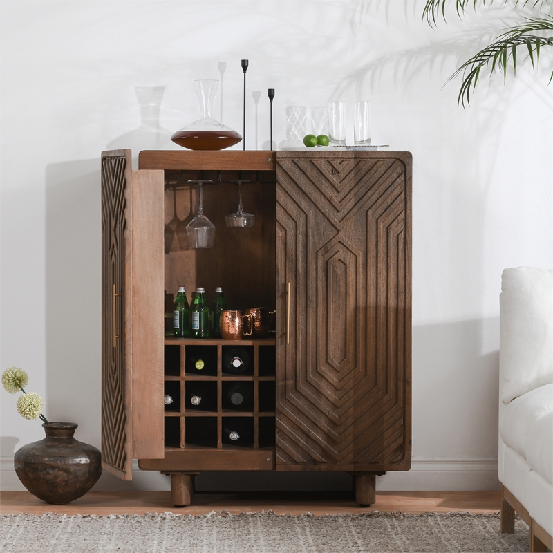 Pemberly Row Mango Wood Geometric Pattern Carved Bar Cabinet in Brown