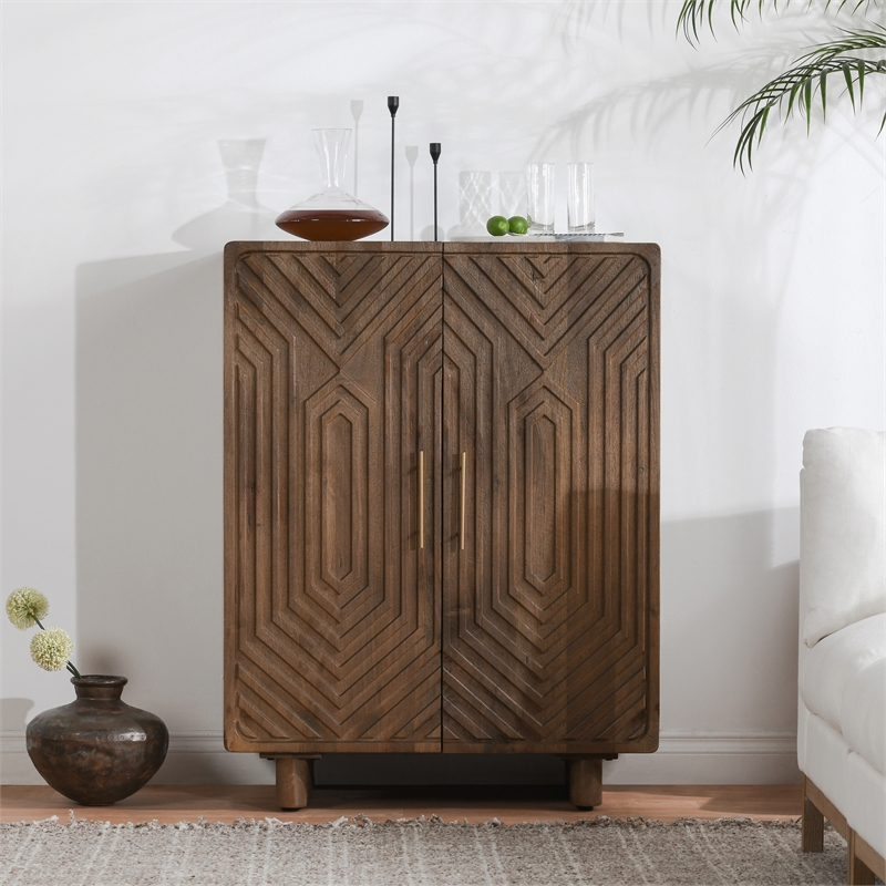 Pemberly Row Mango Wood Geometric Pattern Carved Bar Cabinet in Brown