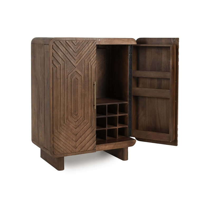 Pemberly Row Mango Wood Geometric Pattern Carved Bar Cabinet in Brown
