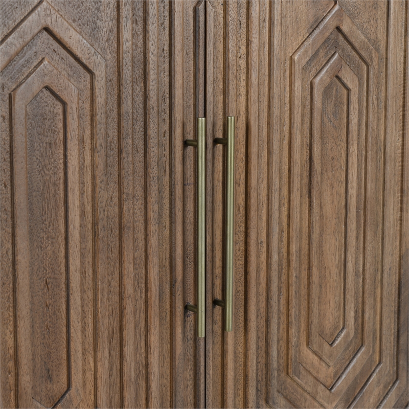 Pemberly Row Mango Wood Geometric Pattern Carved Bar Cabinet in Brown