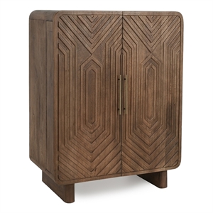 Pemberly Row Mango Wood Geometric Pattern Carved Bar Cabinet in Brown