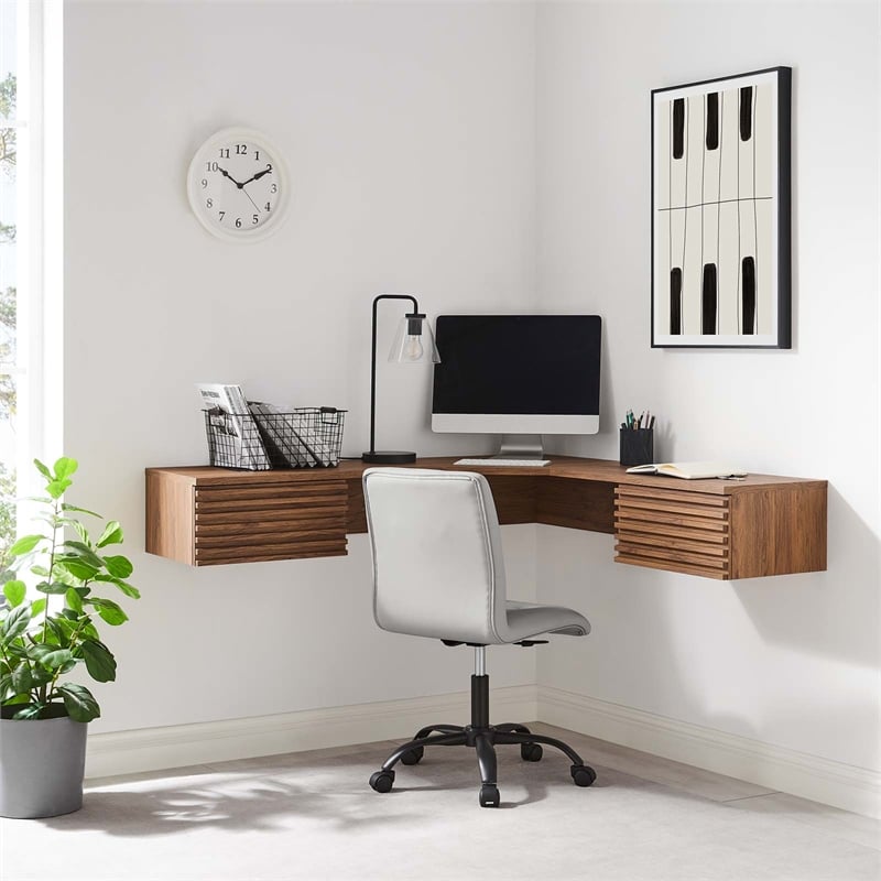 Pemberly Row Wall Mount Corner Modern Wood Office Desk in Walnut