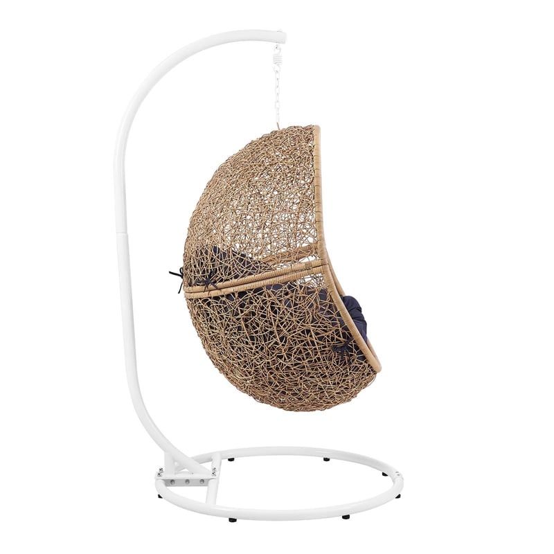 Pemberly Row Outdoor Synthetic Rattan Swing Chair in Cappuccino/Navy