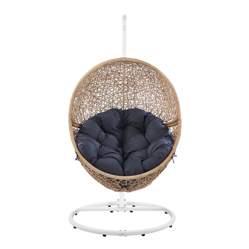 Pemberly Row Outdoor Synthetic Rattan Swing Chair in Cappuccino/Navy