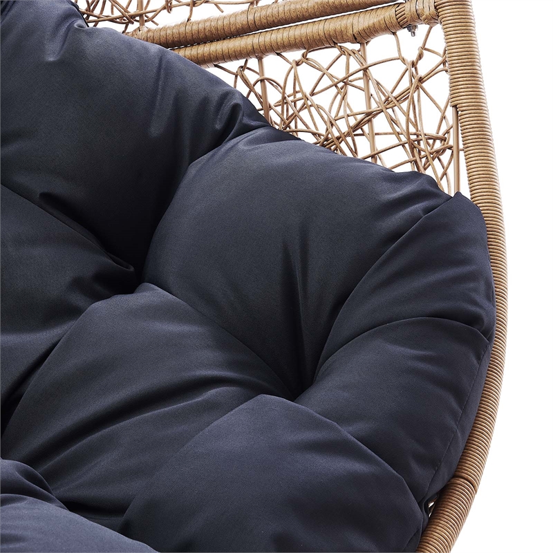 Pemberly Row Outdoor Synthetic Rattan Swing Chair in Cappuccino/Navy