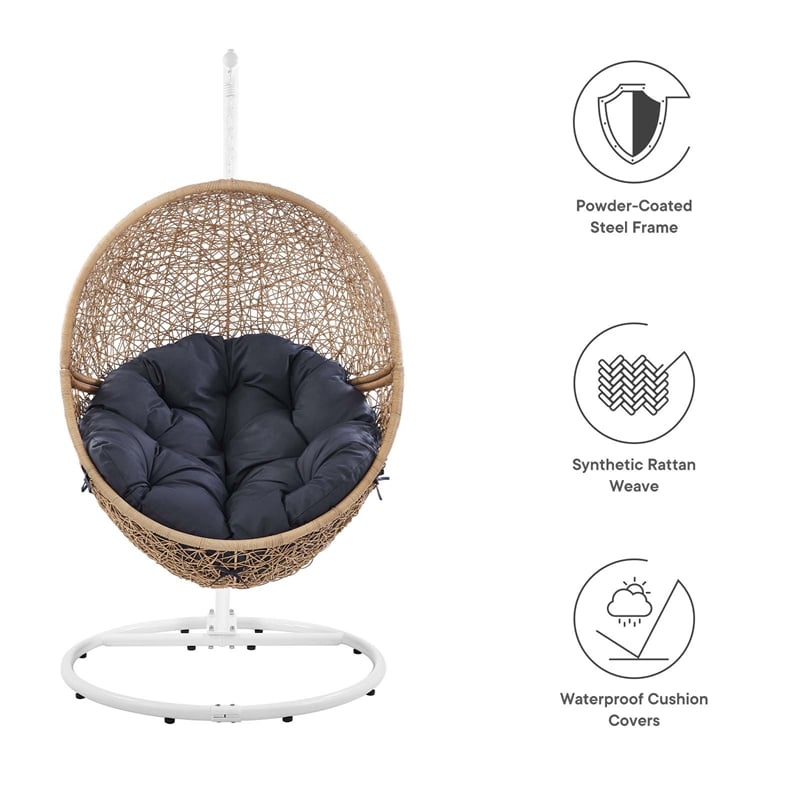 Pemberly Row Outdoor Synthetic Rattan Swing Chair in Cappuccino/Navy