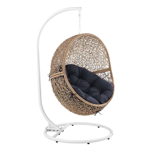 Pemberly Row Outdoor Synthetic Rattan Swing Chair in Cappuccino/Navy